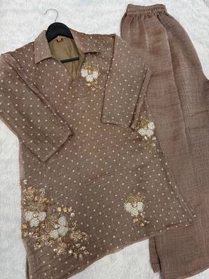 Brown co-ord set for women with handwork floral motifs 4