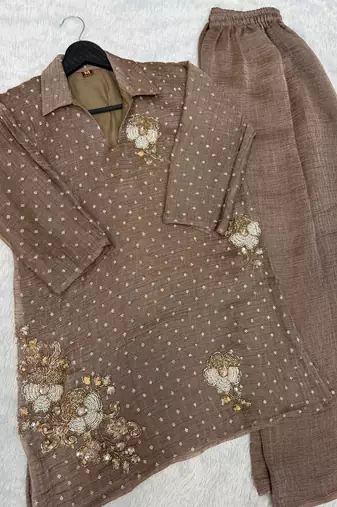 Brown co-ord set for women with handwork floral motifs