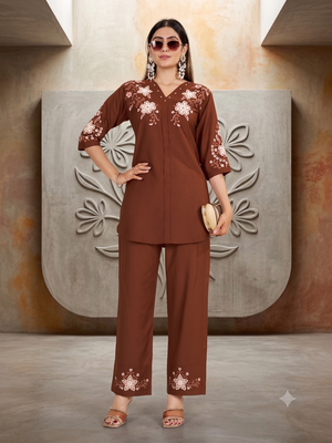 Women's brown embroidered kurti with pant set 1