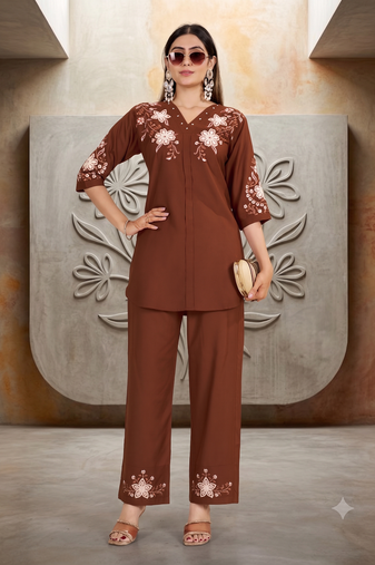 Women's brown embroidered kurti with pant set