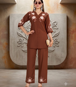 Women's brown embroidered kurti with pant set