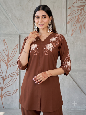 Women's brown embroidered kurti with pant set 2