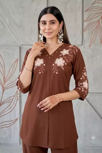 Women's brown embroidered kurti with pant set