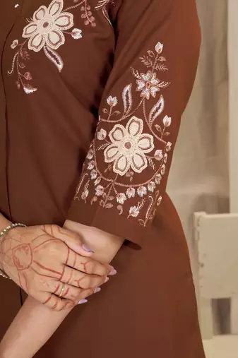 Women's brown embroidered kurti with pant set