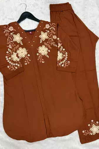 Women's brown embroidered kurti with pant set