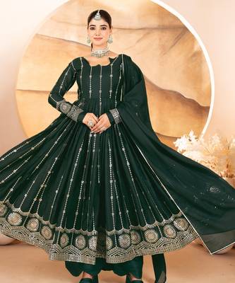 Dark green sequins & thread embroidered star georgette anarkali suit with pants & dupatta 1