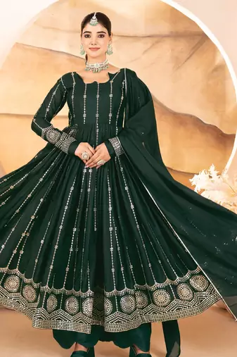 Dark green sequins & thread embroidered star georgette anarkali suit with pants & dupatta