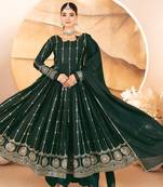 Dark green sequins & thread embroidered star georgette anarkali suit with pants & dupatta