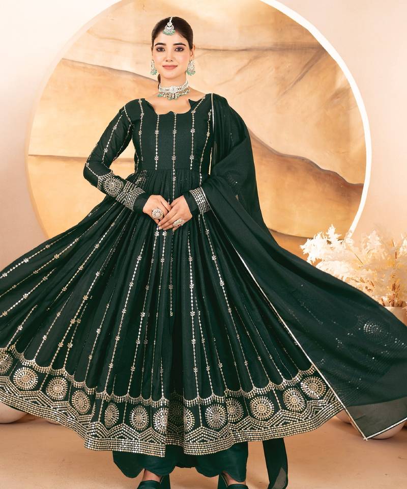 Dark green sequins & thread embroidered star georgette anarkali suit with pants & dupatta