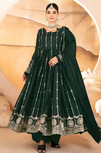Dark green sequins & thread embroidered star georgette anarkali suit with pants & dupatta