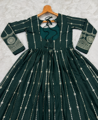 Dark green sequins & thread embroidered star georgette anarkali suit with pants & dupatta 4