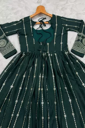 Dark green sequins & thread embroidered star georgette anarkali suit with pants & dupatta