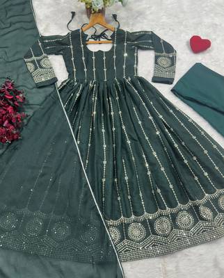 Dark green sequins & thread embroidered star georgette anarkali suit with pants & dupatta 5