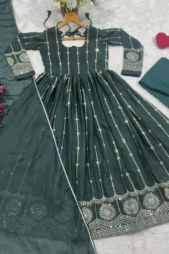 Dark green sequins & thread embroidered star georgette anarkali suit with pants & dupatta