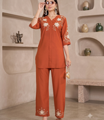 Women's orange embroidered kurti with pant set