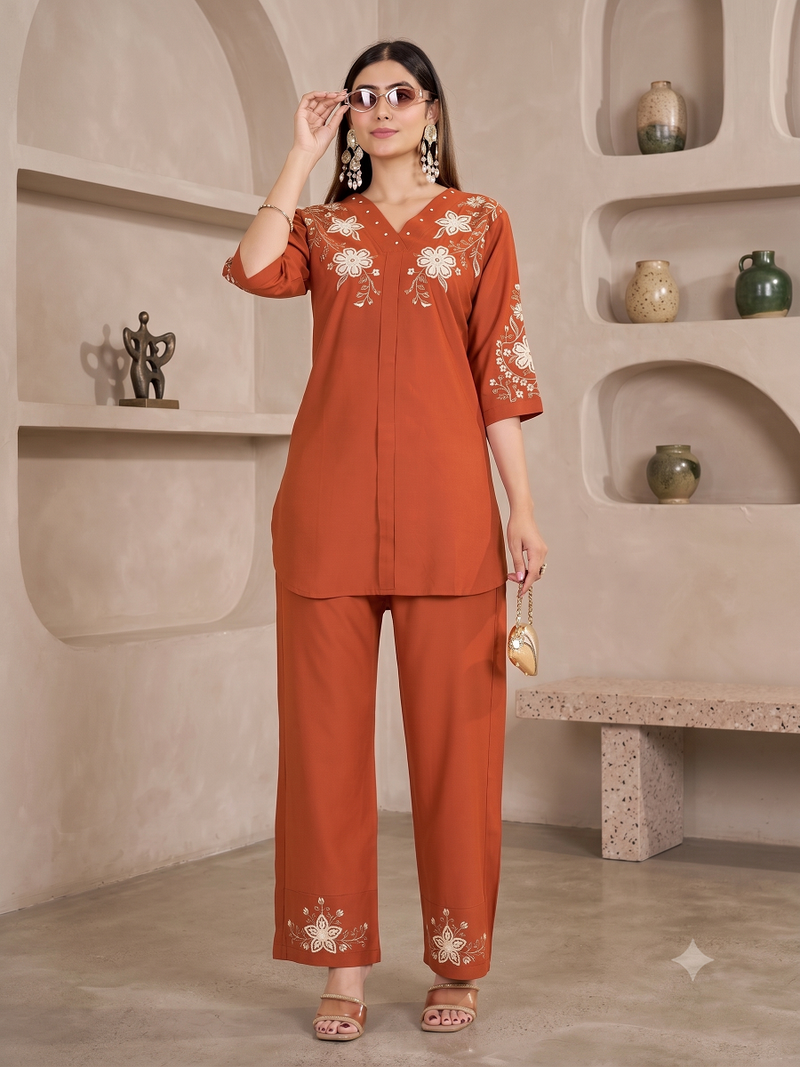 Women's orange embroidered kurti with pant set