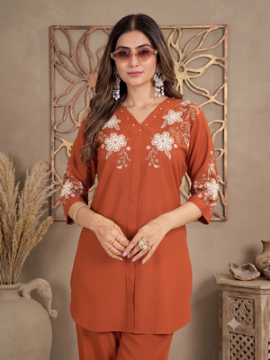 Women's orange embroidered kurti with pant set 2
