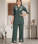 Women's teal embroidered kurti with pant set