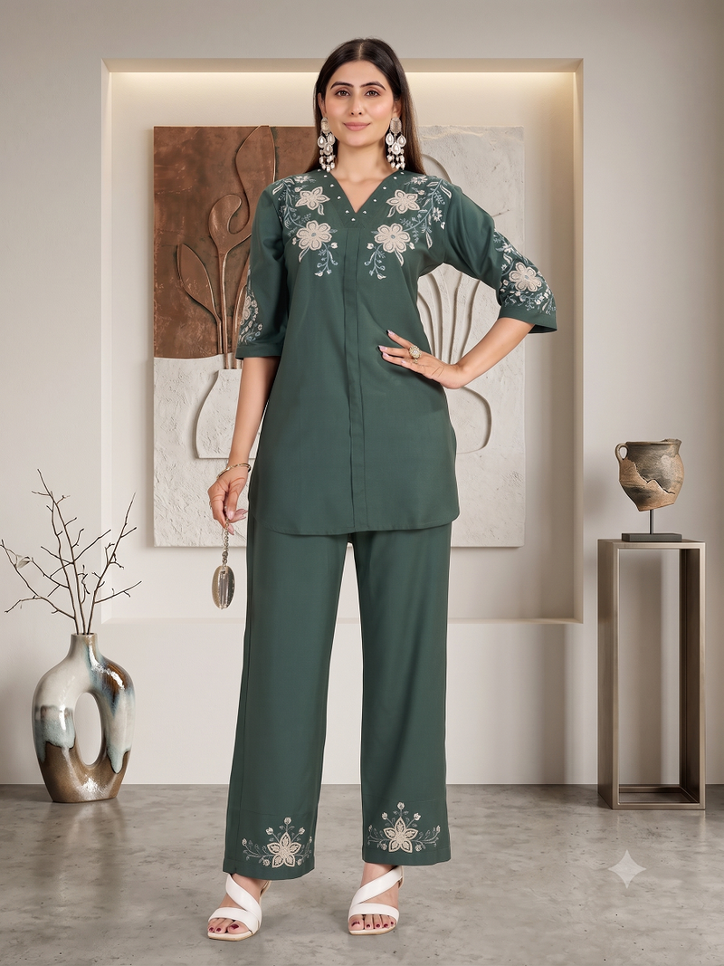 Women's teal embroidered kurti with pant set