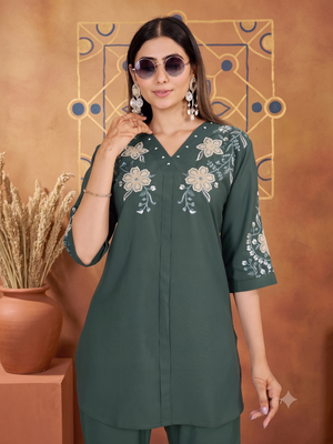Women's teal embroidered kurti with pant set 2