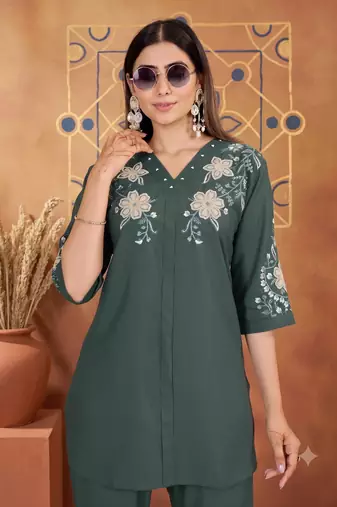 Women's teal embroidered kurti with pant set