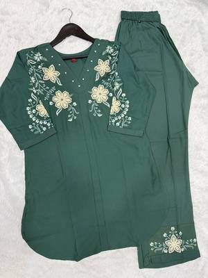 Women's teal embroidered kurti with pant set 4