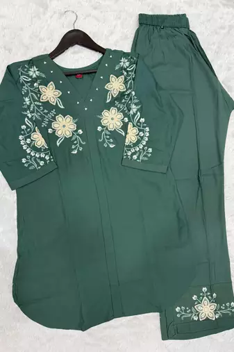 Women's teal embroidered kurti with pant set