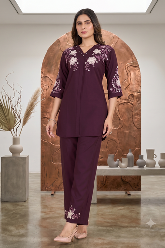 Women's wine embroidered kurti with pant set