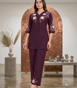 Women's wine embroidered kurti with pant set