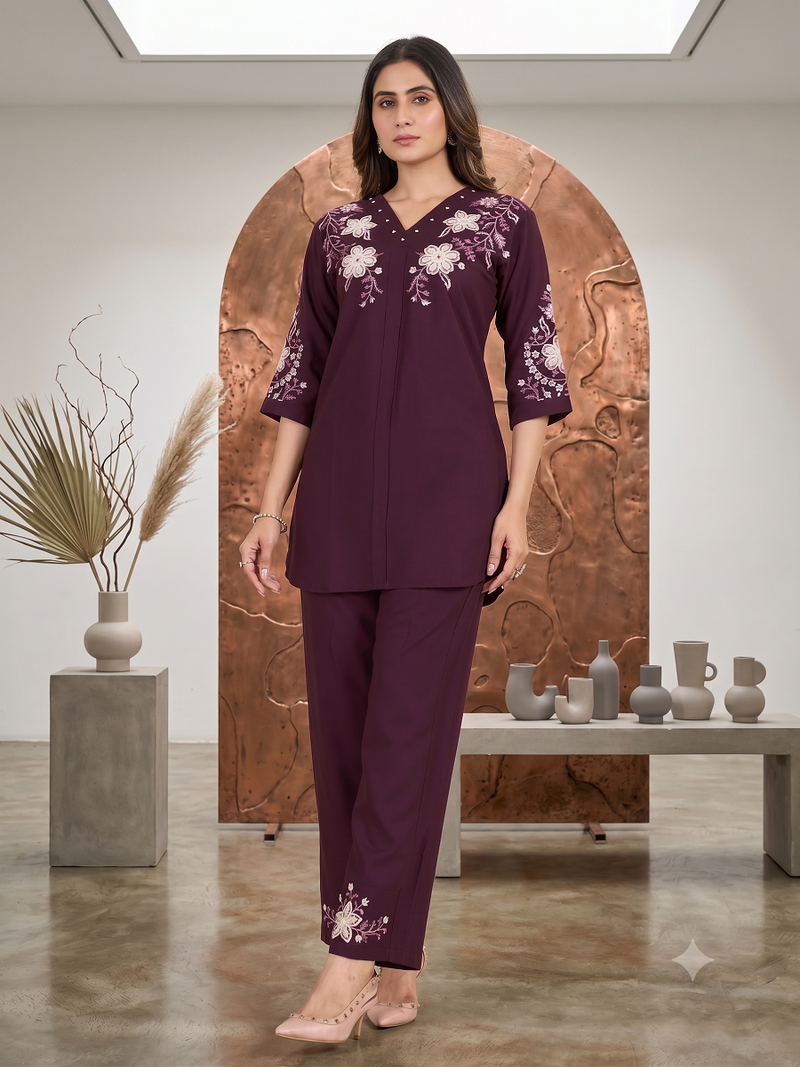 Women's wine embroidered kurti with pant set