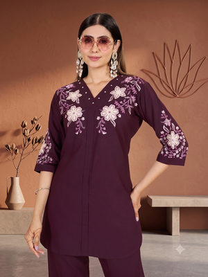 Women's wine embroidered kurti with pant set 2