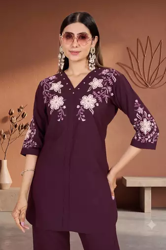 Women's wine embroidered kurti with pant set