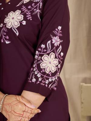 Women's wine embroidered kurti with pant set 3