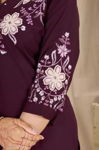 Women's wine embroidered kurti with pant set