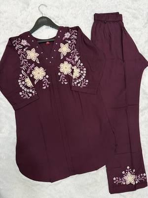 Women's wine embroidered kurti with pant set 4