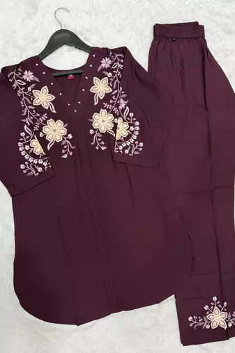 Women's wine embroidered kurti with pant set