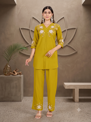 Women's mustard yellow embroidered kurti with pant set 1