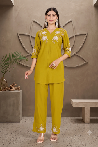 Women's mustard yellow embroidered kurti with pant set