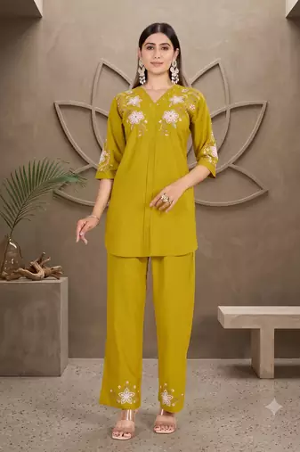 Women's mustard yellow embroidered kurti with pant set