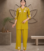 Women's mustard yellow embroidered kurti with pant set