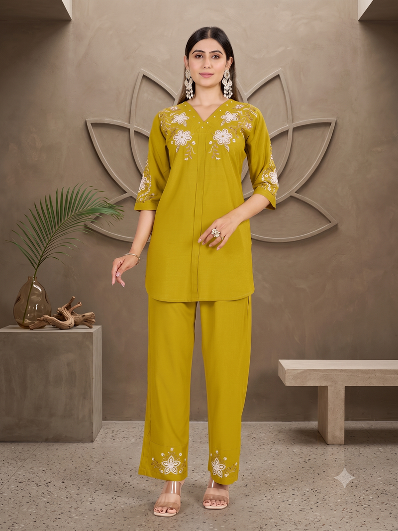 Women's mustard yellow embroidered kurti with pant set