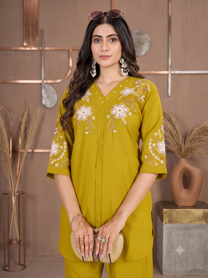 Women's mustard yellow embroidered kurti with pant set 2
