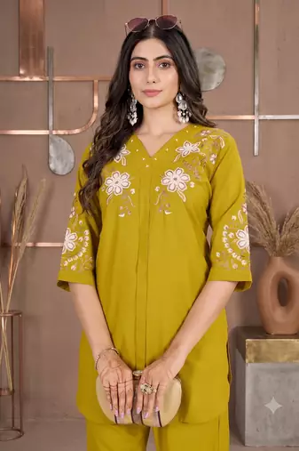 Women's mustard yellow embroidered kurti with pant set