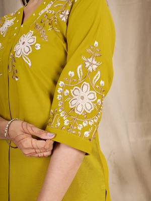 Women's mustard yellow embroidered kurti with pant set 3