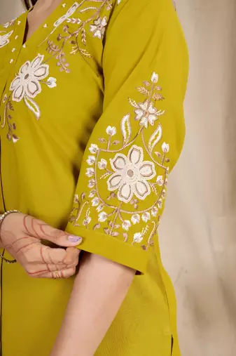 Women's mustard yellow embroidered kurti with pant set