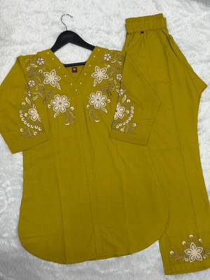 Women's mustard yellow embroidered kurti with pant set 4