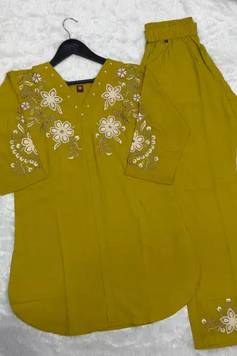 Women's mustard yellow embroidered kurti with pant set