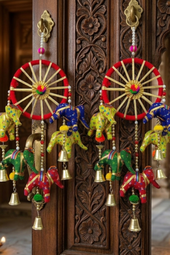 handcrafted rajasthani elephant door hanging bells & decorative wall hanging  traditional indian home  (pack of 2)