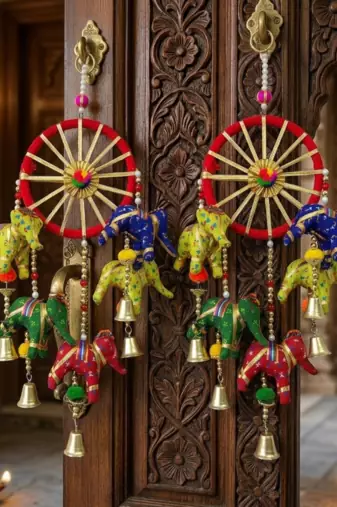 handcrafted rajasthani elephant door hanging bells & decorative wall hanging  traditional indian home  (pack of 2)