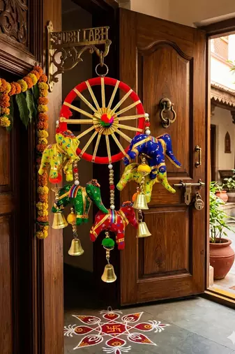 handcrafted rajasthani elephant door hanging bells & decorative wall hanging  traditional indian home  (pack of 2)